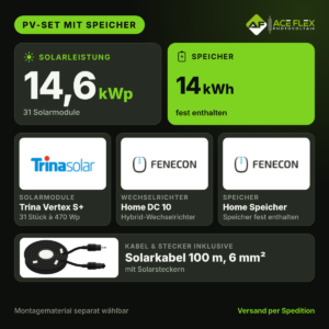 14,6 kWp PV-Set mit Speicher – 31x Trina Vertex S+ 470 Wp + Fenecon Home DC 10 mit 14 kWh Speicher