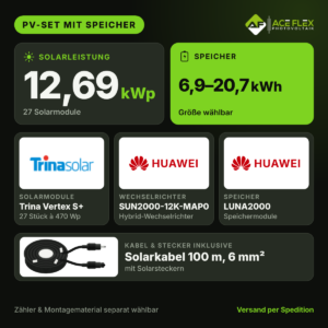 12,69 kWp PV-Set mit Speicher – 27x Trina Vertex S+ 470 Wp + Huawei SUN2000-12K-MAP0 + LUNA2000, Speicher wählbar
