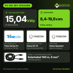 15,04 kWp PV-Set mit Speicher – 32x Trina Vertex S+ 470 Wp + Fenecon Home DC 15, Speicher wählbar