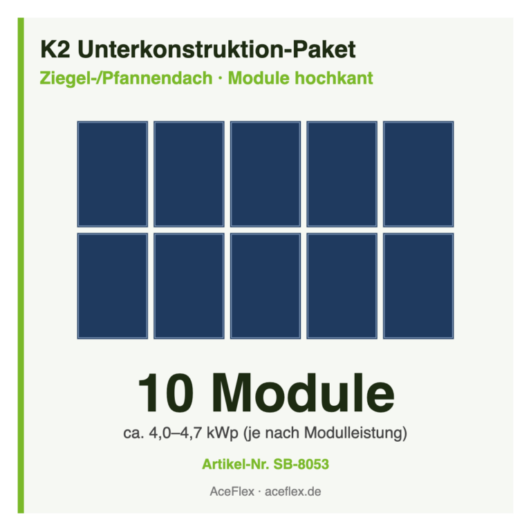 K2 Unterkonstruktion-Paket für Ziegeldach mit 10 Modulen hochkant – Schema